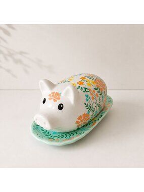 Floral Pig Covered Butter Dish VTG Country Home Dining Farmhouse Kitchen Decor